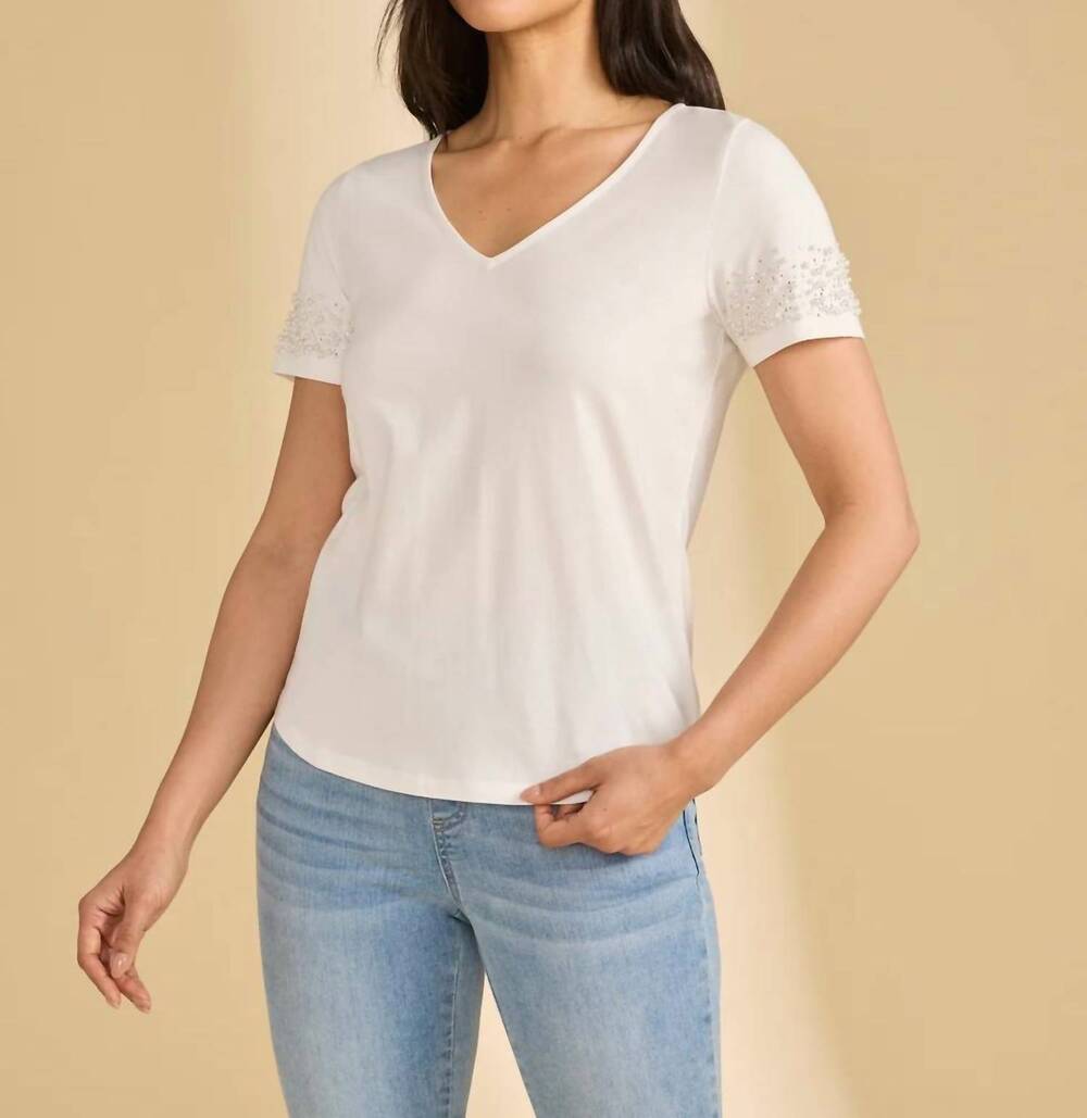 NEW FDJ pearl embellished v-neck top in white